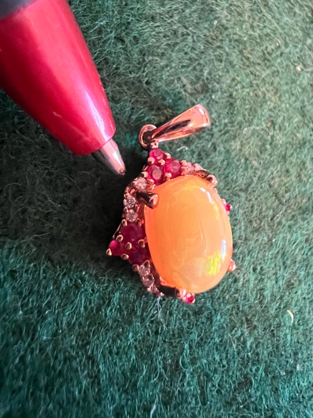 10k Solid Rose Gold Ethiopian Opal with Genuine Diamond and Ruby Halo Pendant - Picture 13 of 16